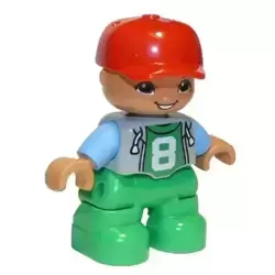 Duplo Figure Lego Ville, Child Boy, Bright Green Legs, Light Bluish Gray Top with '8' Pattern, Medium Blue Arms, Red Cap, Oval Eyes