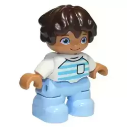Duplo Figure Lego Ville, Child Boy, Bright Light Blue Legs, White Top with Medium Azure and Light Aqua Stripes, White Arms, Dark Brown Hair (6296134)