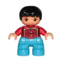 Duplo Figure Lego Ville, Child Boy, Dark Azure Legs, Red Checkered Shirt with Suspenders, Black Hair