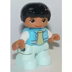 Duplo Figure Lego Ville, Child Boy, Light Aqua Legs, Medium Azure Jacket, Bright Light Yellow Shirt, White Arms, Black Hair