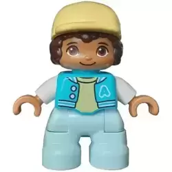 Duplo Figure Lego Ville, Child Boy, Light Aqua Legs, Medium Azure Jacket with Capital Letter A and Buttons, Dark Brown Hair, Bright Light Yellow Cap (6435328)