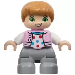 Duplo Figure Lego Ville, Child Boy, Light Bluish Gray Legs, Bright Pink Jacket with Capital Letter C, Polka Dot Shirt, Medium Nougat Hair (6446171)
