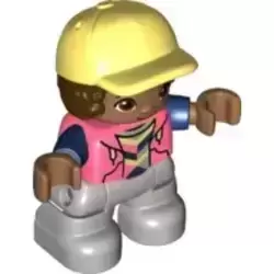 Duplo Figure Lego Ville, Child Boy, Light Bluish Gray Legs, Coral Top with Dark Blue Arms, Dark Brown Hair, Bright Light Yellow Cap (6323946)