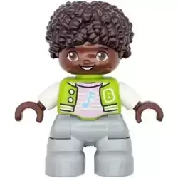 Duplo Figure Lego Ville, Child Boy, Light Bluish Gray Legs, Lime Jacket with White Sleeves, Bright Pink Shirt, Dark Brown Hair (6469554)