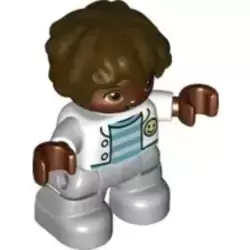 Duplo Figure Lego Ville, Child Boy, Light Bluish Gray Legs, White Jacket, Light Aqua and Medium Azure Striped Top, Dark Brown Hair (6361964)
