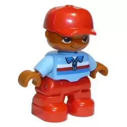 Duplo Figure Lego Ville, Child Boy, Red Legs, Medium Blue Top with Zipper and Blue, Red and White Stripes, Red Cap, Oval Eyes (6179301 / 6233837)