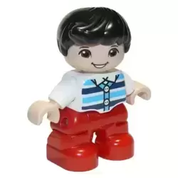 Duplo Figure Lego Ville, Child Boy, Red Legs, White Top with Medium Azure and Dark Blue Stripes, Black Hair