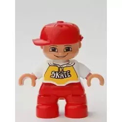 Duplo Figure Lego Ville, Child Boy, Red Legs, White Top with 'SKATE' Pattern, Red Cap