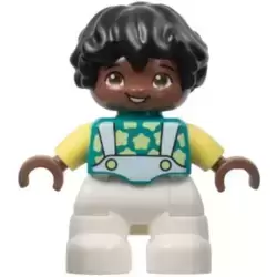Duplo Figure Lego Ville, Child Boy, White Legs, Dark Turquoise Top with Stars, Bright Light Yellow Arms, Black Hair (6444500)
