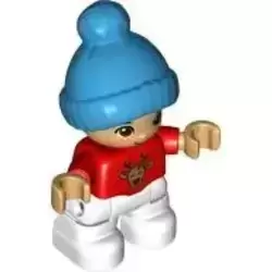 Duplo Figure Lego Ville, Child Boy, White Legs, Red Top with Deer Buck, Freckles, Reddish Brown Eyes, Dark Azure Bobble Cap (6397615)