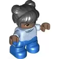 Duplo Figure Lego Ville, Child Girl, Blue Legs, Bright Light Blue Top with White Snowflakes, Reddish Brown Eyes, Black Hair (6397614)