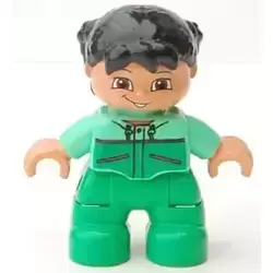 Duplo Figure Lego Ville, Child Girl, Bright Green Legs, Medium Green Top with Red Trim, Black Hair