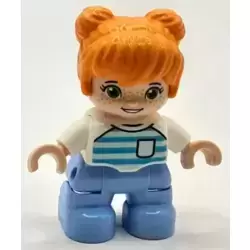 Duplo Figure Lego Ville, Child Girl, Bright Light Blue Legs, Orange Hair, Medium Azure and Light Aqua Striped Shirt, Green Eyes, Freckles, White Arms (6453163)