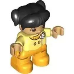 Duplo Figure Lego Ville, Child Girl, Bright Light Orange Legs, Bright Light Yellow Top with White Dog Head, Black Hair with Pigtails (6444088)