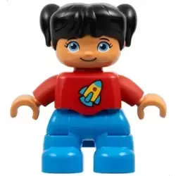 Duplo Figure Lego Ville, Child Girl, Dark Azure Legs, Red Top with Space Rocket Ship, Black Hair (6255022)