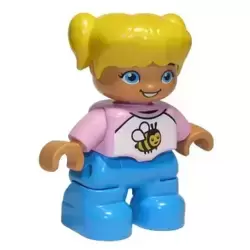 Duplo Figure Lego Ville, Child Girl, Dark Azure Legs, White and Bright Pink Top with Bee, Yellow Hair with Pigtails