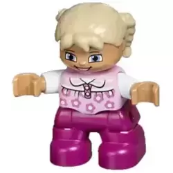 Duplo Figure Lego Ville, Child Girl, Magenta Legs, Bright Pink Top with Flowers, White Arms, Tan Hair with Braids