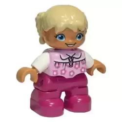 Duplo Figure Lego Ville, Child Girl, Magenta Legs, Bright Pink Top with Flowers, White Arms, Tan Hair with Braids, Oval Eyes