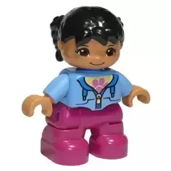 Duplo Figure Lego Ville, Child Girl, Magenta Legs, Medium Blue Jacket over Shirt with Flower, Black Pigtails, Oval Eyes