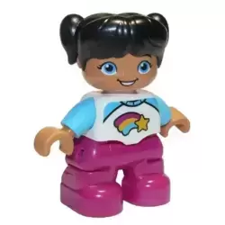 Duplo Figure Lego Ville, Child Girl, Magenta Legs, White and Medium Azure Top with Shooting Star, Black Hair with Pigtails
