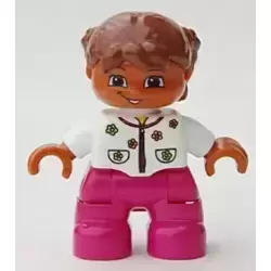 Duplo Figure Lego Ville, Child Girl, Magenta Legs, White Top with Flowers, Reddish Brown Hair with Braids