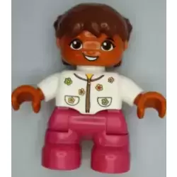 Duplo Figure Lego Ville, Child Girl, Magenta Legs, White Top with Flowers, Reddish Brown Hair with Braids, Oval Eyes