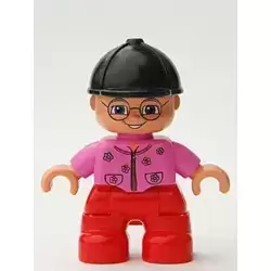Duplo Figure Lego Ville, Child Girl, Red Legs, Dark Pink Top With Flowers, Black Riding Helmet, Glasses