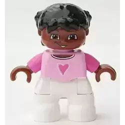 Duplo Figure Lego Ville, Child Girl, White Legs, Bright Pink Top, Dark Pink Arms, Brown Head, Black Hair with Braids