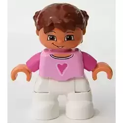 Duplo Figure Lego Ville, Child Girl, White Legs, Bright Pink Top, Dark Pink Arms, Reddish Brown Hair with Braids