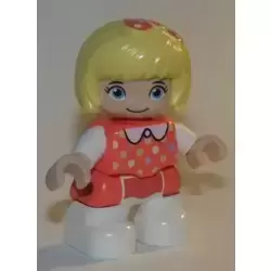 Duplo Figure Lego Ville, Child Girl, White Legs, Coral Top with Polka Dots Pattern, White Arms, Bright Light Yellow Hair with Bow