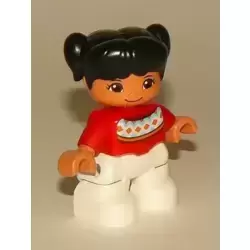 Duplo Figure Lego Ville, Child Girl, White Legs, Red Fair Isle Sweater with Orange Diamonds, Brown Oval Eyes, Black Pigtails