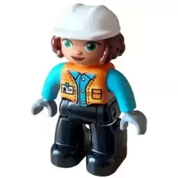 Duplo Figure Lego Ville, Female, Black Legs, Orange Vest with Name Tag and Pocket, Medium Azure Shirt, Light Bluish Gray Hands, White Construction Helmet (6427943)