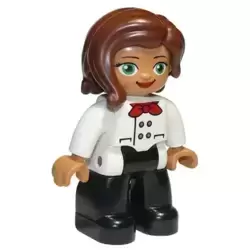 Duplo Figure Lego Ville, Female, Black Legs, White Chefs Top with Red Scarf and Reddish Brown Hair