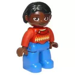 Duplo Figure Lego Ville, Female, Blue Legs, Red Argyle Sweater, Red Arms, Brown Head, Black Hair, Oval Eyes
