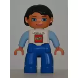 Duplo Figure Lego Ville, Female, Blue Legs, White Top, Bright Light Blue Arms, Black Hair, LEGO Logo on Front - Employee Gift