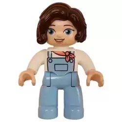 Duplo Figure Lego Ville, Female, Bright Light Blue Legs with Overalls, White Top, Dark Brown Hair (6427981)