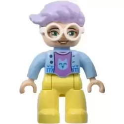 Duplo Figure Lego Ville, Female, Bright Light Yellow Legs, Bright Light Blue Jacket, Medium Lavender Cat Shirt, White Glasses, Lavender Hair (6444490)