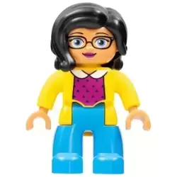 Duplo Figure Lego Ville, Female, Dark Azure Legs, Yellow Jacket, Magenta Top, Black Hair