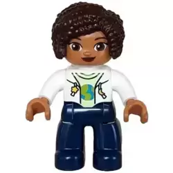 Duplo Figure Lego Ville, Female, Dark Blue Legs, White Vest with Star and Moon Fasteners, Yellowish Green Shirt, Dark Brown Hair (6442943)