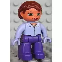 Duplo Figure Lego Ville, Female, Dark Purple Legs, Light Lilac Button Top with Necklace, Light Lilac Hands, Reddish Brown Hair, Green Eyes