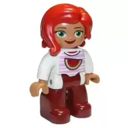 Duplo Figure Lego Ville, Female, Dark Red Legs, White Top with Bright Pink Stripes and Watermelon Pattern, Green Eyes, Red Hair
