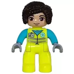 Duplo Figure Lego Ville, Female Garbage Worker, Neon Yellow Uniform, Medium Azure Shirt, White Name Badge and Recycle Logo, Dark Brown Hair (6446215)