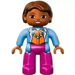 Duplo Figure Lego Ville, Female, Magenta Legs, Medium Blue Top with Necklace, Dark Orange Head, Reddish Brown Hair