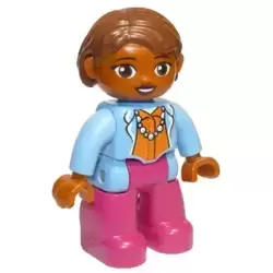 Duplo Figure Lego Ville, Female, Magenta Legs, Medium Blue Top with Necklace, Dark Orange Head, Reddish Brown Hair, Oval Eyes