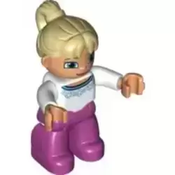 Duplo Figure Lego Ville, Female, Magenta Legs, White Sweater with Blue Flowers Pattern, Tan Ponytail Hair, Blue Eyes