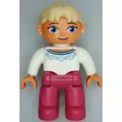 Duplo Figure Lego Ville, Female, Magenta Legs, White Sweater with Blue Flowers Pattern, Tan Ponytail Hair, Blue Eyes, Oval Eyes