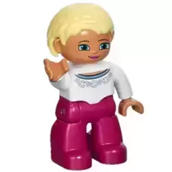 Duplo Figure Lego Ville, Female, Magenta Legs, White Sweater with Blue Pattern, Bright Light Yellow Hair, Blue Eyes