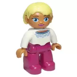 Duplo Figure Lego Ville, Female, Magenta Legs, White Sweater with Blue Pattern, Bright Light Yellow Hair, Blue Oval Eyes