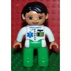 Duplo Figure Lego Ville, Female Medic, Bright Green Legs, White Top with ID Badge and EMT Star of Life Pattern, Black Hair, Brown Eyes