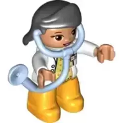 Duplo Figure Lego Ville, Female Medic, Bright Light Orange Legs, White Top with ID Badge, White Arms, Black Hair, Attached Stethoscope (6206123)